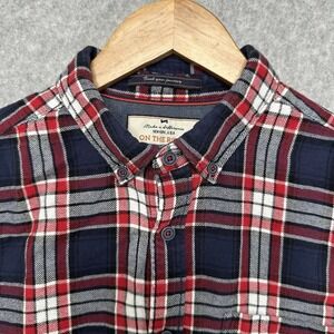 On The Road‎ Mens Flannel Button Up Shirt Navy Blue Red White Plaid Slim M / 40